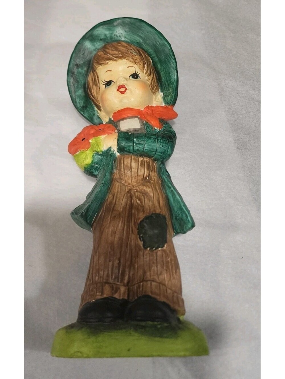 Vintage Lg Hobo Girl Ceramic Coin Bank Japan Patch Overalls Green Hat Rare